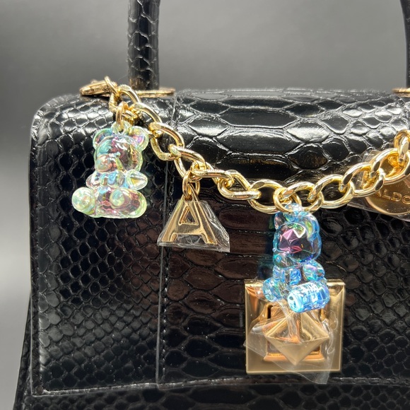 ALDO Black Croc Embossed Mini Top Handle Bag Gold Hardware Charm Chain Y2K - Picture 2 of 7